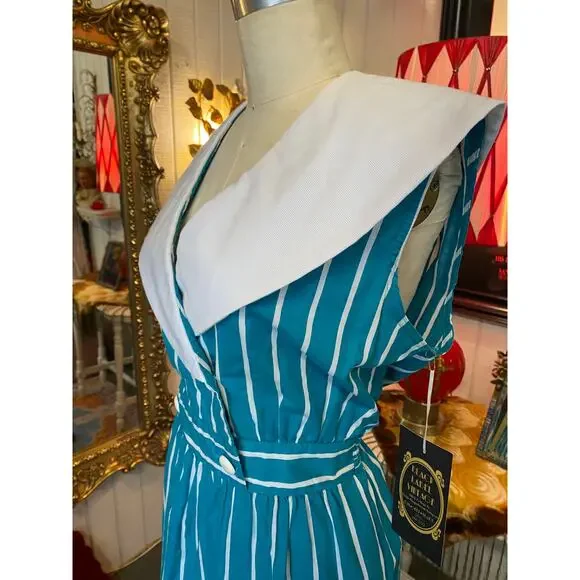 Vintage 1980s teal striped dress sailor collar cotton 80s style large retro 38 - Picture 7 of 9